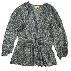 Max Studio Crepe Floral Blouse Tie Waist Women Small Blue 3/4 Sleeve Top